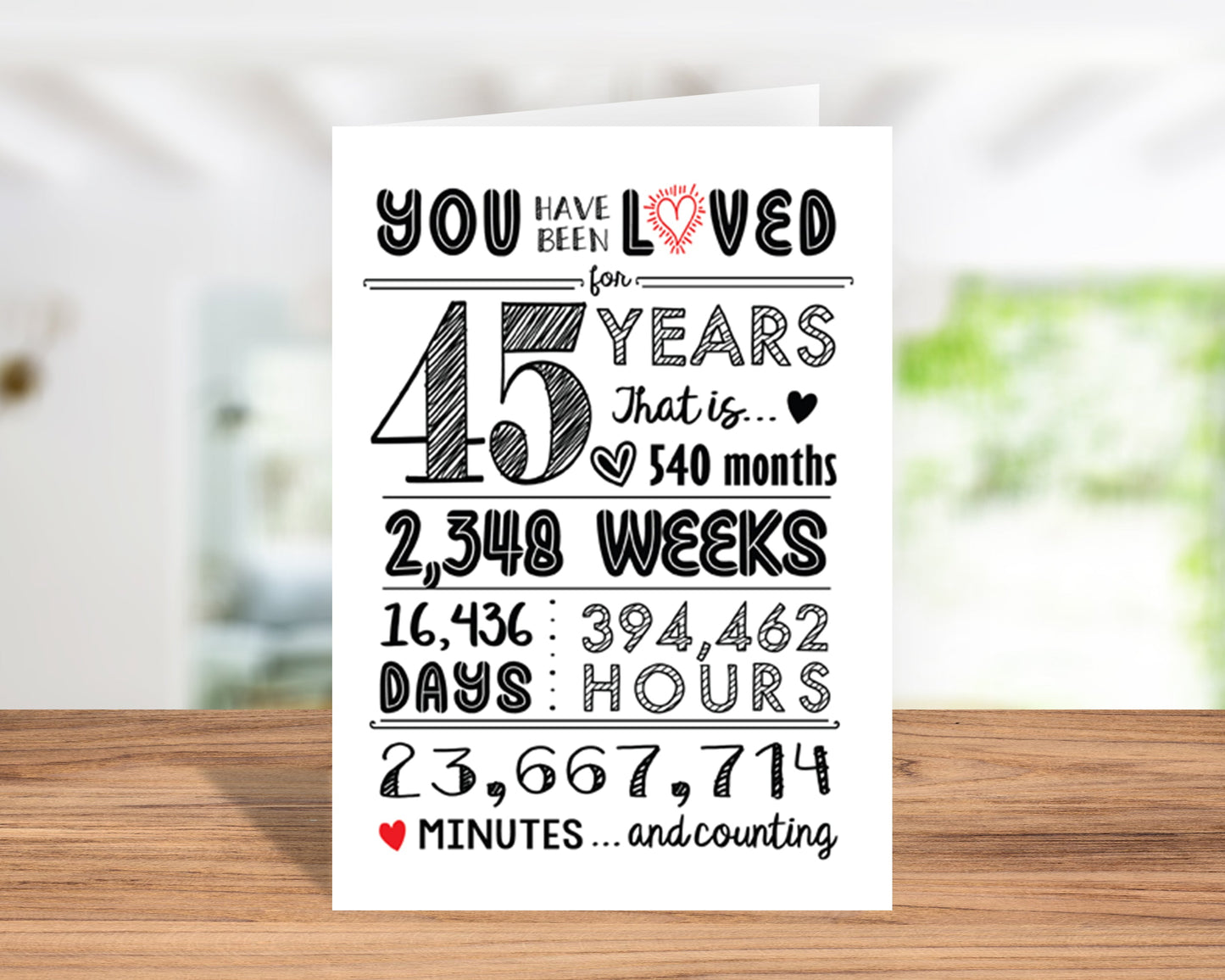 45th Birthday Card (45 Years Loved) with Envelope