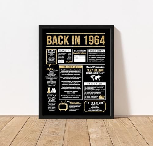 60th Birthday Centerpiece Sign (8x10") Black & Gold Back-in 1964 (Unframed)