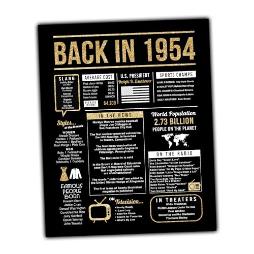 70th Birthday Centerpiece Sign (8x10") Black & Gold Back-in 1954 (Unframed)