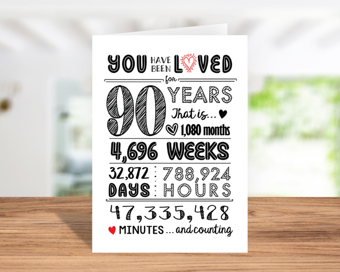 90th Birthday Card (90 Years Loved) with Envelope