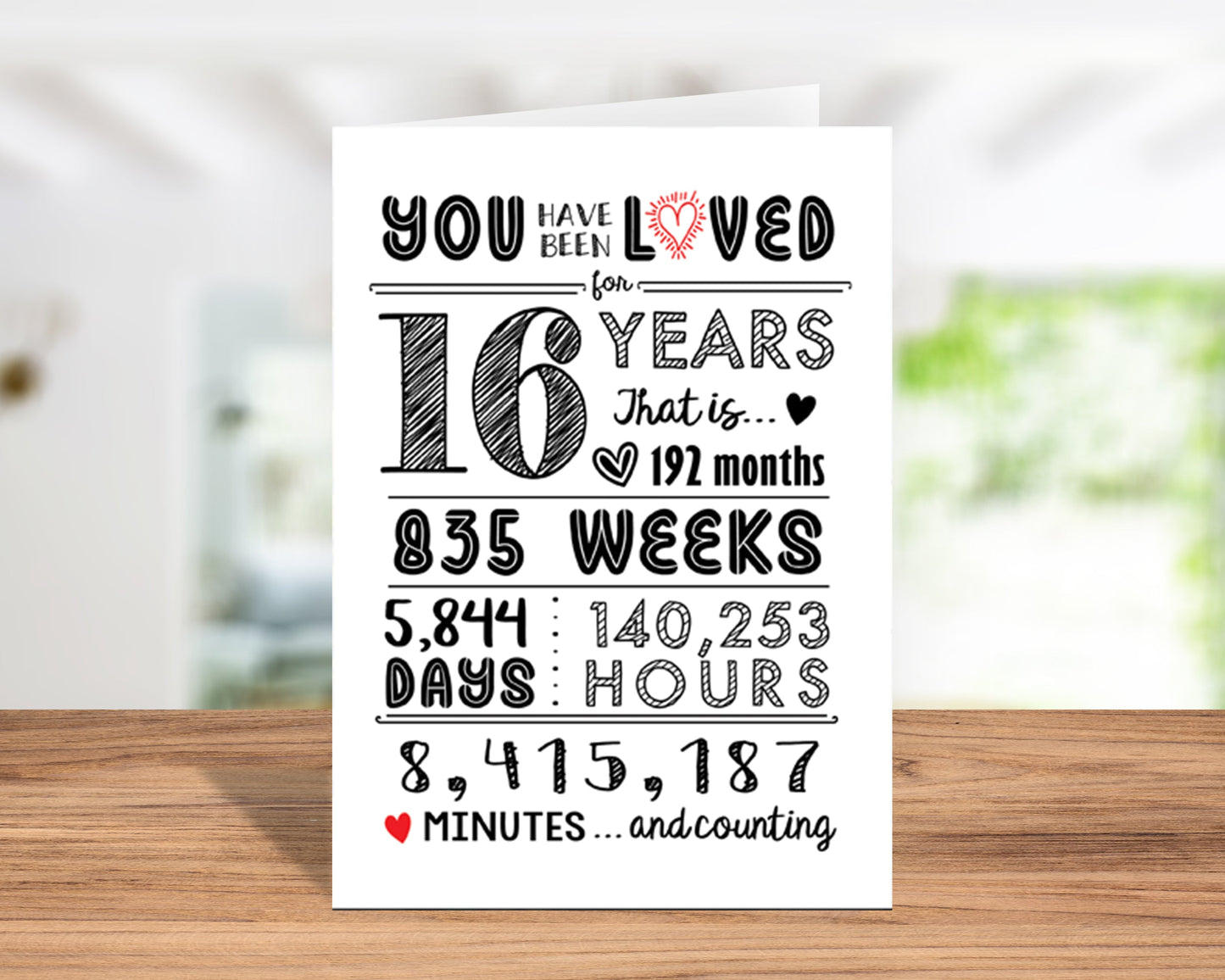 16th Birthday Card (16 Years Loved) with Envelope